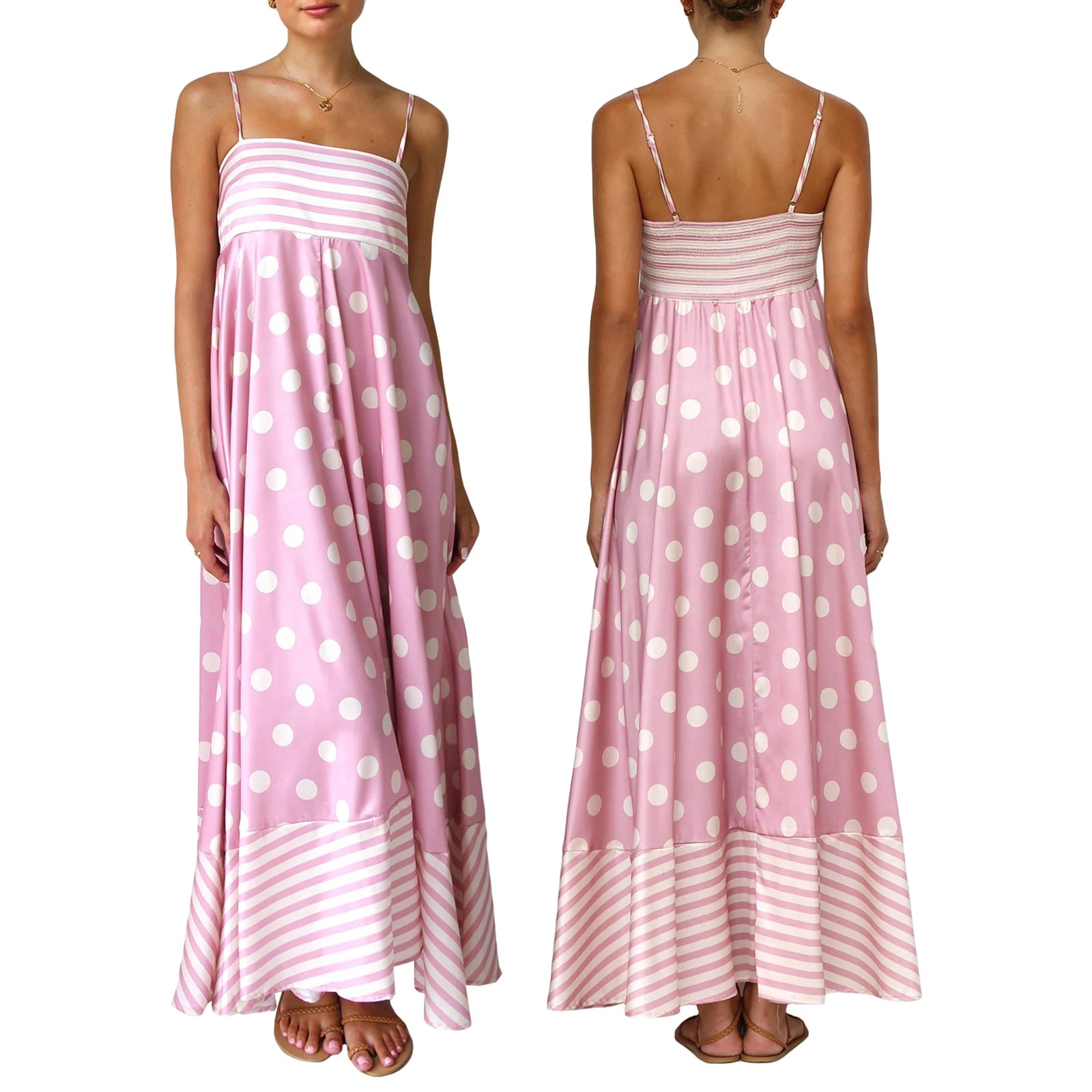Cyflymder  Spaghetti Straps Flowy A-Line Long Dress Women's Summer Printed Backless Sleeveless Slip Swing Dress for Party Vacation Street