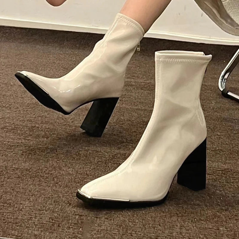 Cyflymder Fashion Women Thick High Heel Ankle Boots Solid Patent Leather Office Pumps Autumn Mujer Square Toe Short Boots