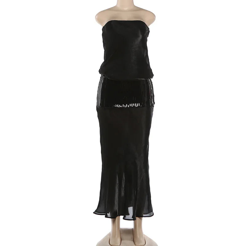 Cyflymder  Women Sequin Strapless Maxi Dress Patchwork Sheer Satin High Waist Bodycon Slim Elegant Sexy Y2K Evening Party Clubwear