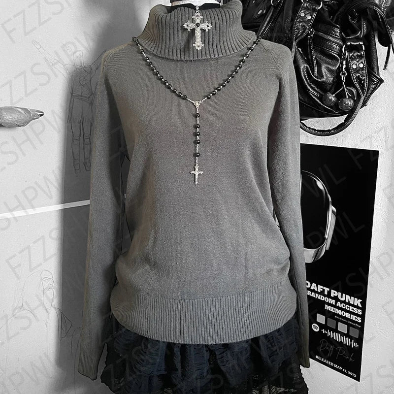 Cyflymder   Harajuku Women's Sweater Solid Color High Neck Chic and Stylish Everyday Street Style Emo Girls Y2K Retro American Casual Tops