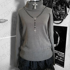Cyflymder   Harajuku Women's Sweater Solid Color High Neck Chic and Stylish Everyday Street Style Emo Girls Y2K Retro American Casual Tops