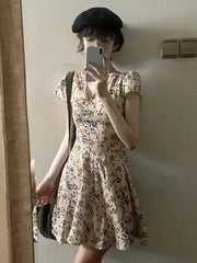 Cyflymder  Sweet Hot Girl Pure Sexy V-neck Lace Floral Dress Women's Autumn Short-sleeved Slim A-line Short Dress Fashion Female Clothes