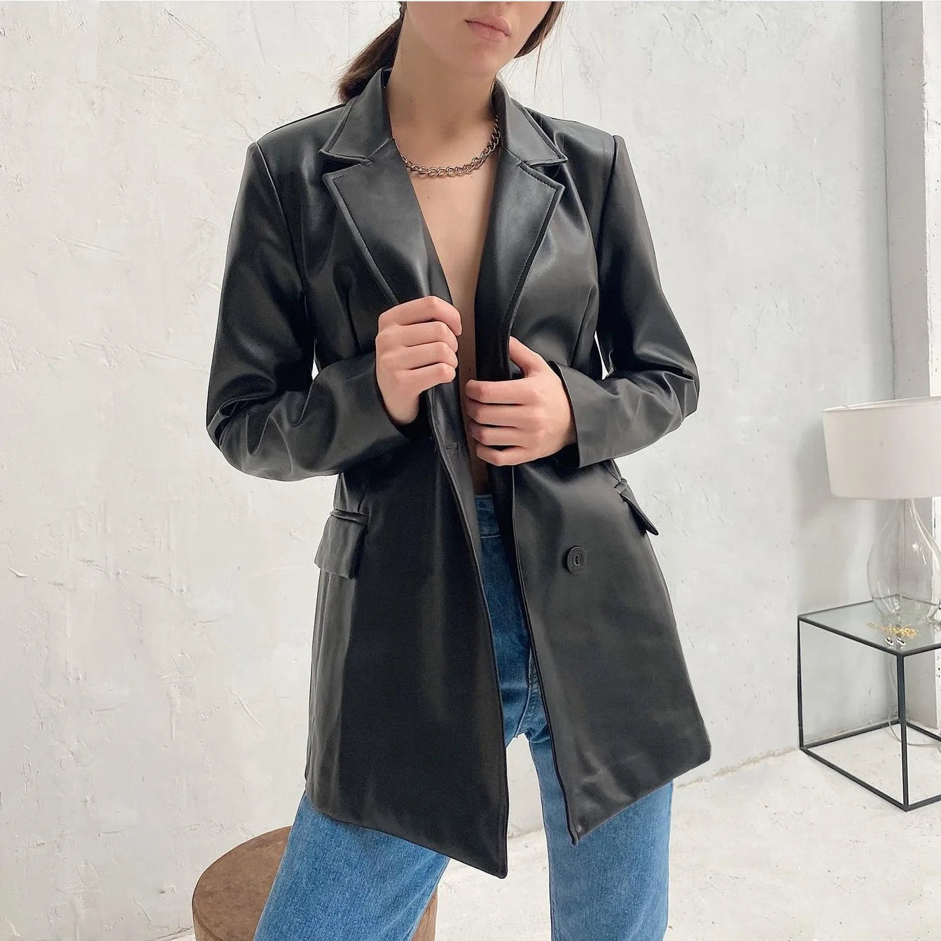 Cyflymder  Faionable Casual Women's Loose Long Pu Leather Jaet Autumn Winter New Sle Leisure Suit Collar Top Outerwear Coat