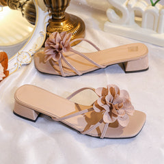 Cyflymder  Luxury Light Color Slippers Ladies Outdoor High-heel Slippers Fashion Flower Design Summer Square Head Women's Slippers