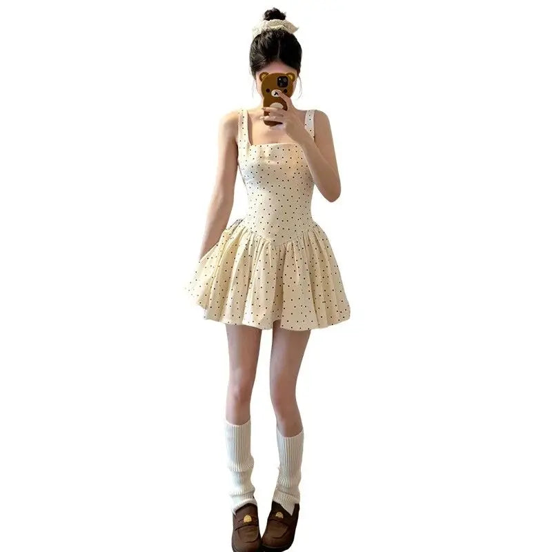 Cyflymder  French Square Neck Polka Dot Sleeveless Dress Women Summer 2025 New Style High-end Temperament Waist Cinching A-line