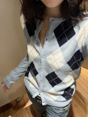Cyflymder  Diamond Jacquard Button Sweater Coat Women Autumn New Casual Slim Cotton O-neck Casual Jumper Tops Sweet Preppy Style Cardigan