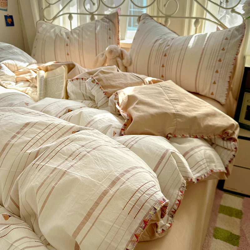 Cyflymder  100% Cotton Yarn-dyed Jacquard Floral Bedding Set Single Queen King Size Duvet Cover Bed Sheet/Fitted Sheet Pillowcases 3/4Pcs