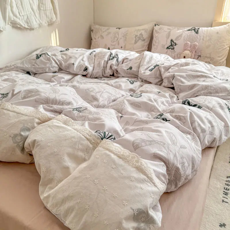 Cyflymder  INS French Style Fresh Floral Lace Trim Four-Piece Set Washed Cloud Cotton Quilt Cover Bed Sheet Dormitory Bed Sheet Sets
