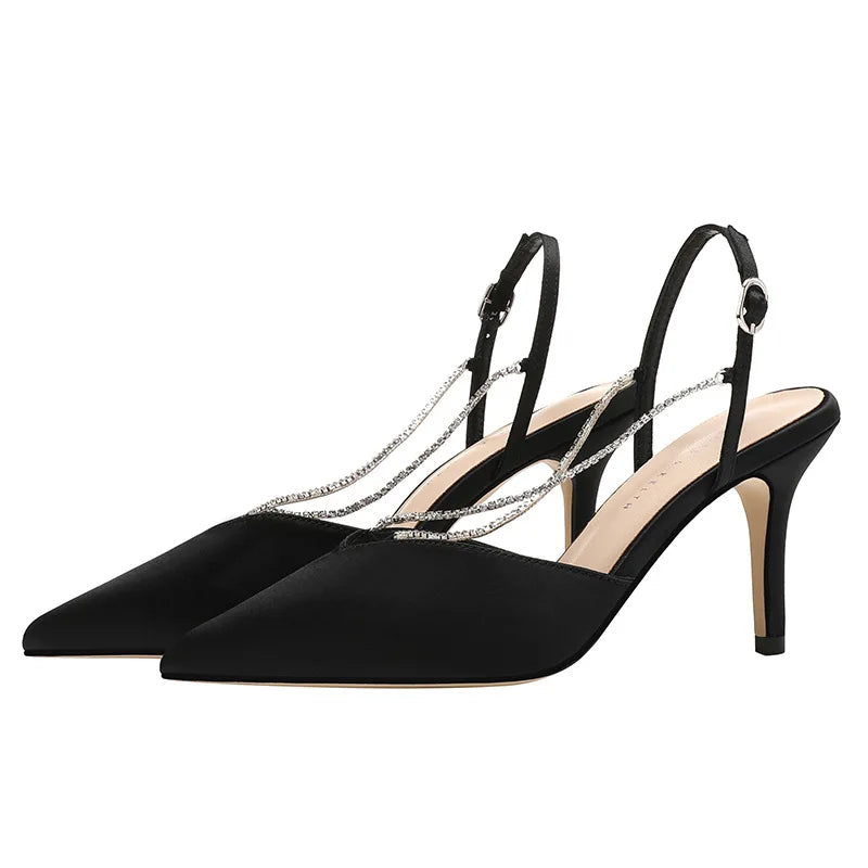 Cyflymder  Pointed Heel Sandals Black Shoes for Women Beige High 2025 Girls Closed Clear Comfort Rhinestone Low Buckle Strap PU Casual Micr