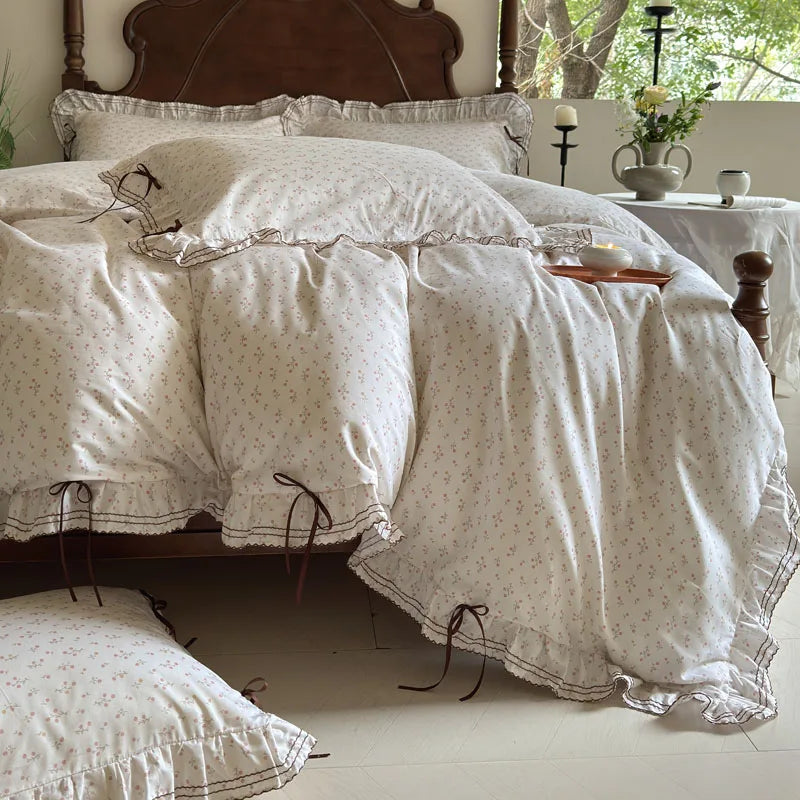 Cyflymder  100% Cotton Pastoral Floral Print Ruffles Bow Princess Bedding Set Queen King Duvet Cover Set Bed Sheet/Fitted Sheet Pillowcases