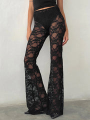 Cyflymder Sexy All-match Lace See-through High Waist Pant Women Long Casual Y2K Straight Trouser Female See Through Flare Pants