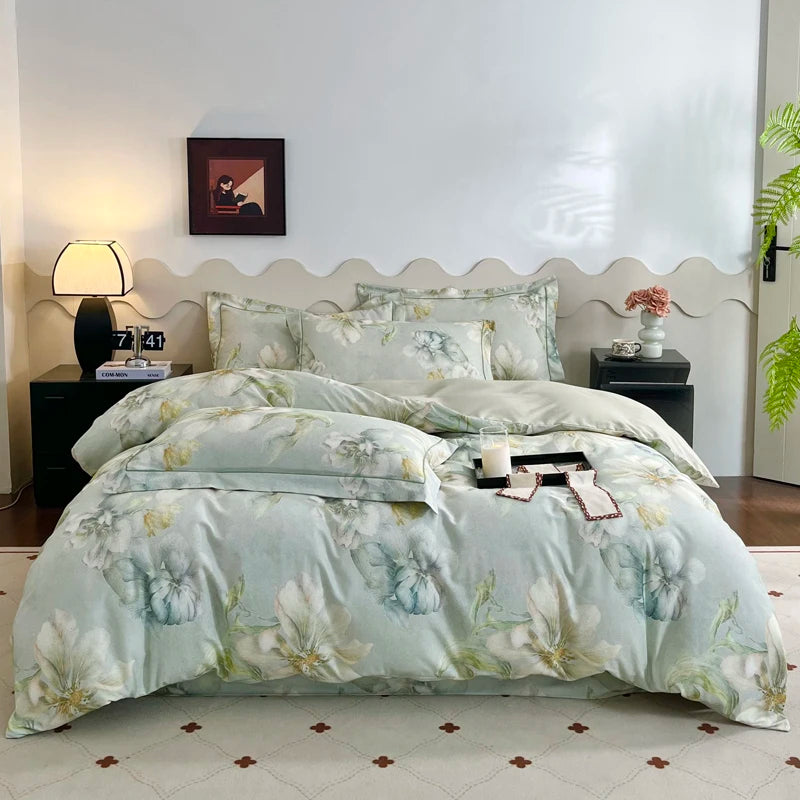 Cyflymder  100% Cotton Flowers Print Luxury Bedding Set Single Double Queen King Size Duvet Cover Flat/Fitted Bed Sheet Pillowcases 3/4Pcs