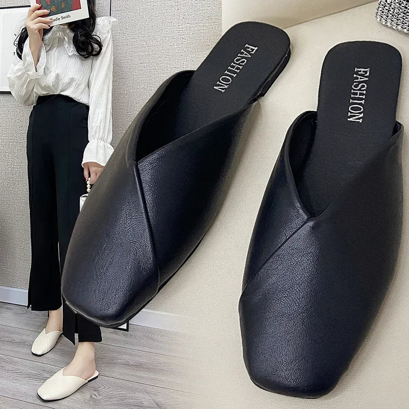 Cyflymder Women Mules Summer Elegant Square Closed Toe Flat Slippers Female Shoes Casual Leather Black White Slides Plus Size 35-43