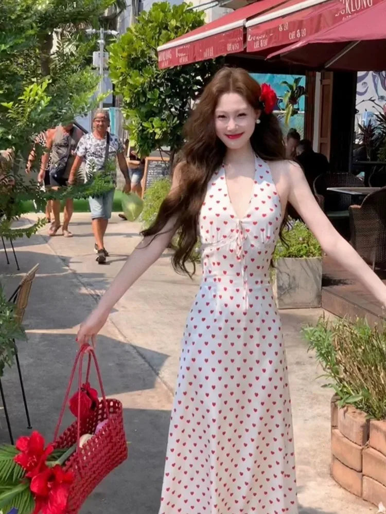 Cyflymder  French Elegant Heart Dot Long Dresses Sweet Slim Neck-mounted Summer Vacation Clothing Women Vintage Sexy Evening Party Dress
