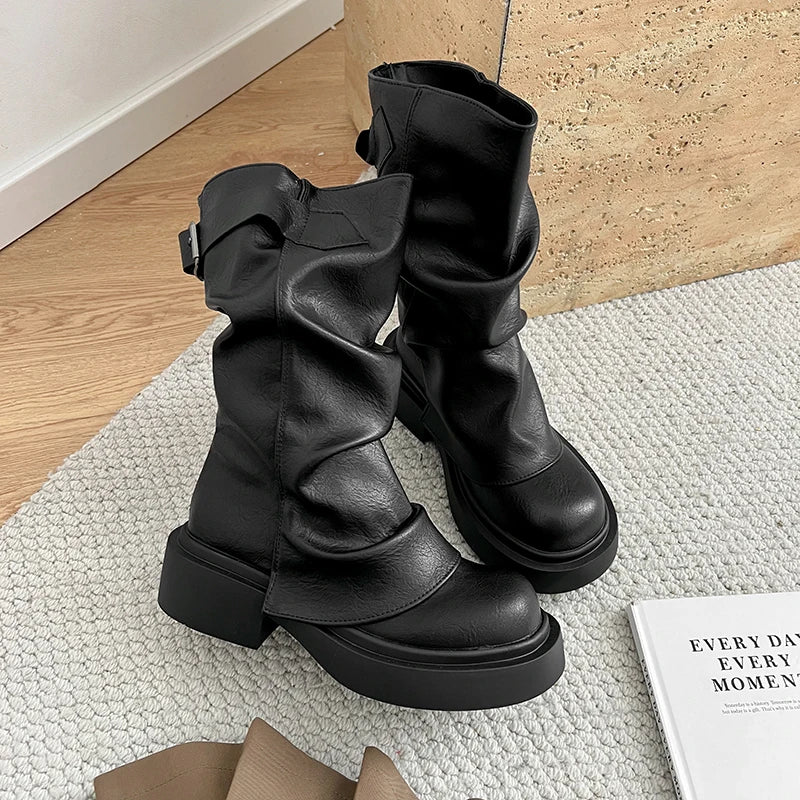 Cyflymder  Autumn Vintage Thick Bottom Woman Knight Boot Fashion Belt Buckle Ladies Concise Slip On Short Booties
