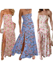 Cyflymder  Women Off Shoulder Ruffle Dress Elegant Floral Print High Low Hem Maxi Dress for Wedding Party Prom Evening Gown Beach