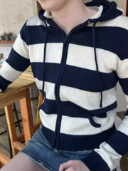 Cyflymder  Striped Pockets Knitted Hooded Sweater Women Autumn Fashion Cotton Retro Crop Pullover Tops Vintage Chic Sweet Cardigan Jumper