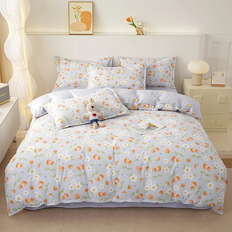 Cyflymder  Ins Style Plant Printed Skin Friendly Cotton Bed Sets 4Pcs Soft Cozy Duvet Cover Set for All Seasons King Queen Textile Supplies