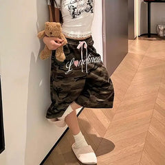 Cyflymder  American Retro Letter Embroidery Capri Pants Summer Camouflage Female Clothing Casual Wide Leg Fashion Drawstring Straight Pants