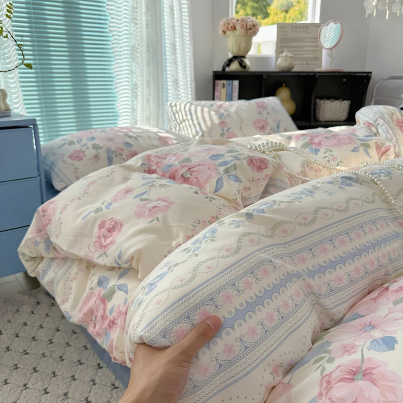 Cyflymder  INS Korean Style 2025 Floral Bedding Sets New Skin Friendly Soft Washed Cotton Printed Bed Sheet Sets