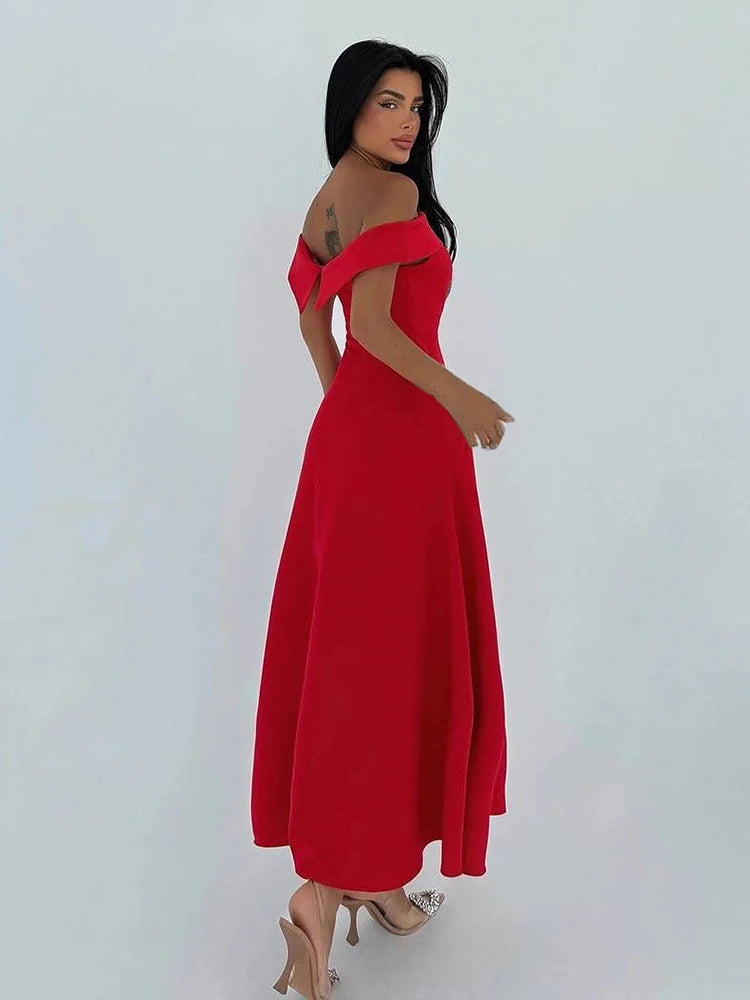 Cyflymder  Classic Sexy Slash Neck Dress Women Elegant Solid Simple Office Birthday Evening Cocktail Party Stretchy Maxi Bodycon