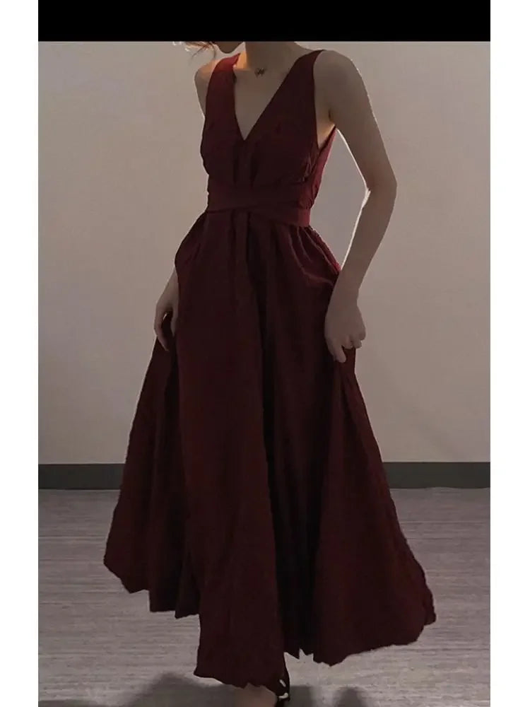 Cyflymder  Women Red Sleeveless Fairy Seaside Vacation Camisole Dress Summer New Beach Slim Waist Large Swing V neck Dresses