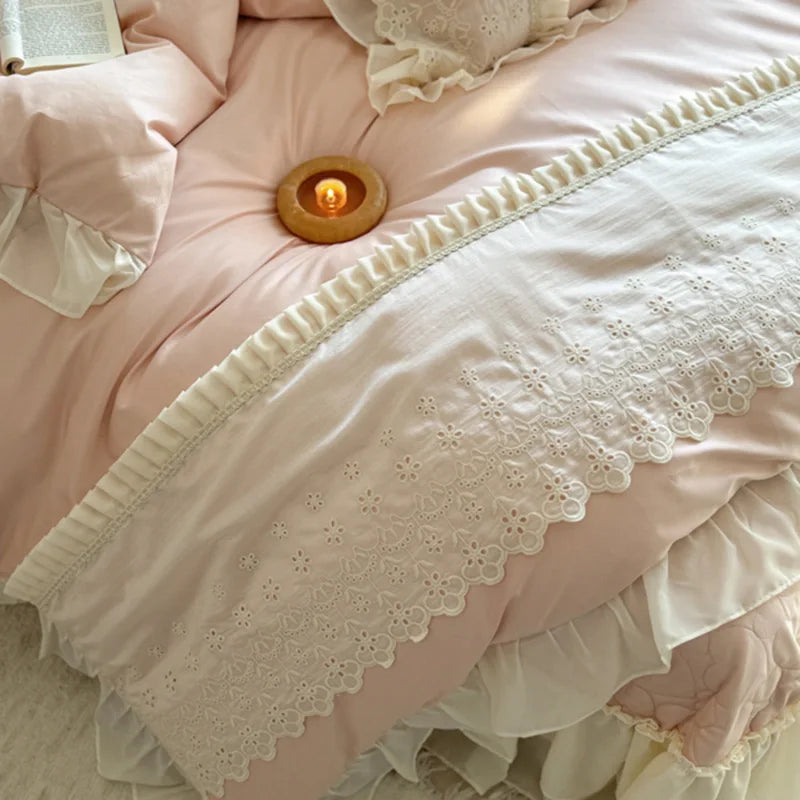 Cyflymder  4Pcs Pink  Lace Ruffles Sweet Girl Bedding Set Pure Cotton Queen King Size Duvet Cover Bed Sheet Or Quilted Bedspread Pillowcase