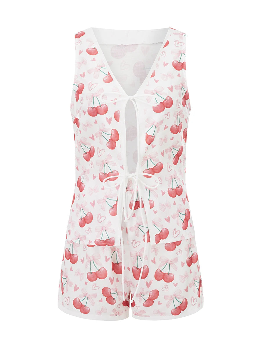 Cyflymder  Women Sun Palm Trees Graphic Print 2 Piece Vest Set Y2K V Neck Tie Front Vest and Shorts Set Summer Sleeveless Lounge Outfits