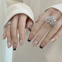 Cyflymder  24pcs Retro French Press on Nails Black Polka Dot False Nails Simple Wearable Stick-on Nails Fake Nail Uñas Накладные Ногти 네일팁