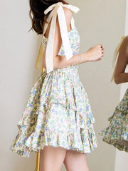 Cyflymder  Elegant Sleeveless Floral Print Mini Dress with Bow Tie Shoulder Detail and Flirty Ruffle Hem - A Line Swing Dress for Women