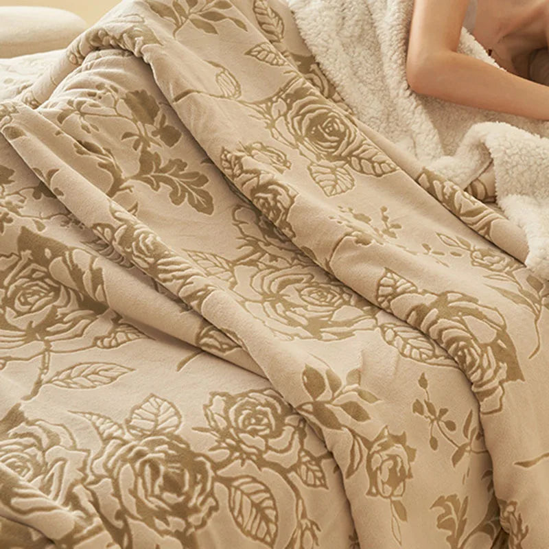 Cyflymder  European 3D Carved Milk Velvet Winter Blanket Thickened Lamb Wool Blanket for Living Room Sofa Soft Warm Nap Quilt for Office
