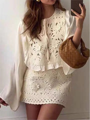 Cyflymder  Embroidery Crochet Hollow Shirts For Women Elegant Long Sleeve O Neck Lace Up Blouse Female 2025 New Summer Casual Loose Shirt