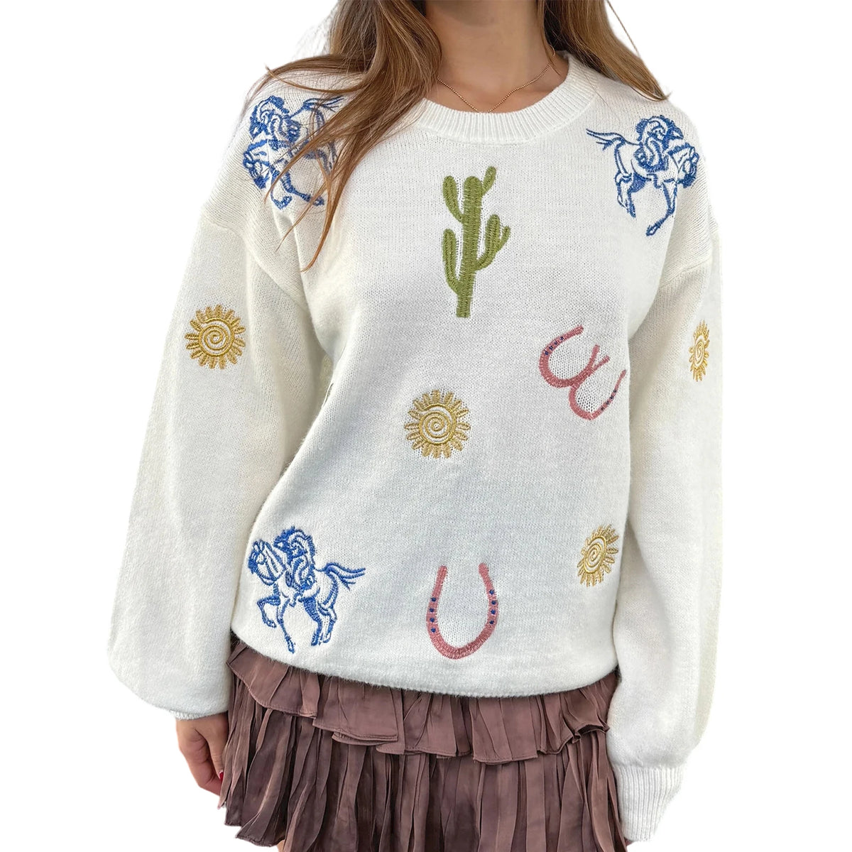 Cyflymder  Women s Winter Cozy Sweater Floral Embroidery Long Sleeve V-Neck Knitwear Pullover with Pom Pom Detail