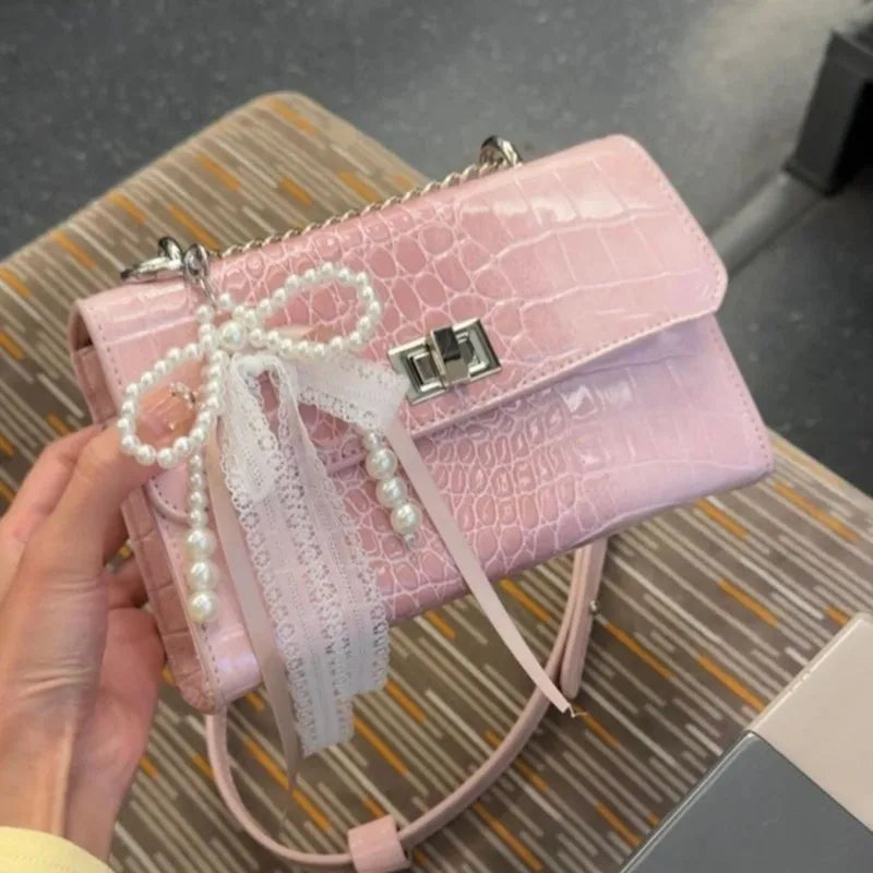 Cyflymder  Hot Girl Sweet Bow Handbag Women Premium Crocodile Texture  Leather Shoulder Bag Ladies 2025 New Y2K Aesthetic Crossbody Purse