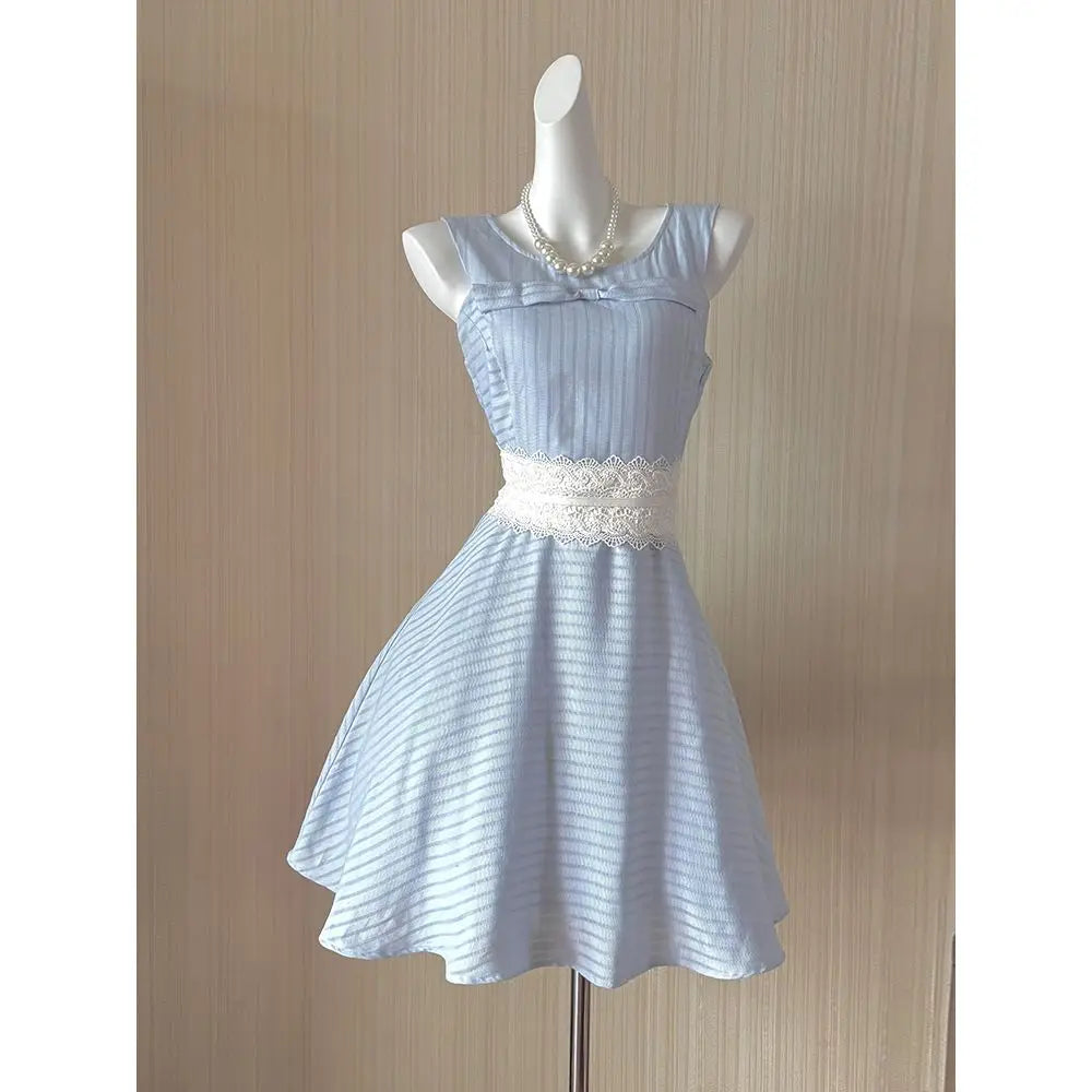 Cyflymder  Summer Vacation Style Dress Women's Sleeveless Striped Lace High Waist Skirt Women's