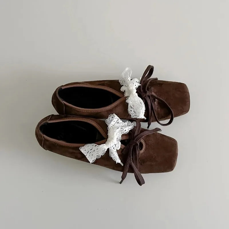 Cyflymder  French Style Low Heel Mary Jane Shoes for Women Fashion Faux Suede Lolita Square Toe Lace Up Chunky Heel Casual Designer Shoes