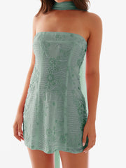 Cyflymder  Summer Women Sequin Strapless Mini Dress with Scarf Y2K Rhinestone Sleeveless Off Shoulder Dress Sexy Backless Club Party Dress