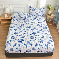 Cyflymder Twin Fitted Bed Sheet with Elastic Blue Flower Printed Bed Cover Single/Queen/King Bed Linen Reactive Printed Mattress Cover 180