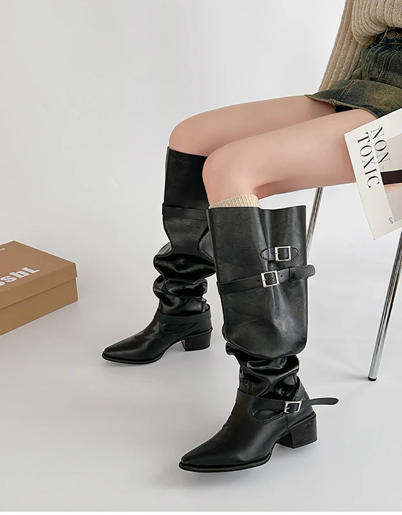 Cyflymder  Autumn Vintage Thick Heel Women Knight Boots Fashion Belt Buckle Shoes Ladies Elegant Pointed Toe Mordern Knee High Booties