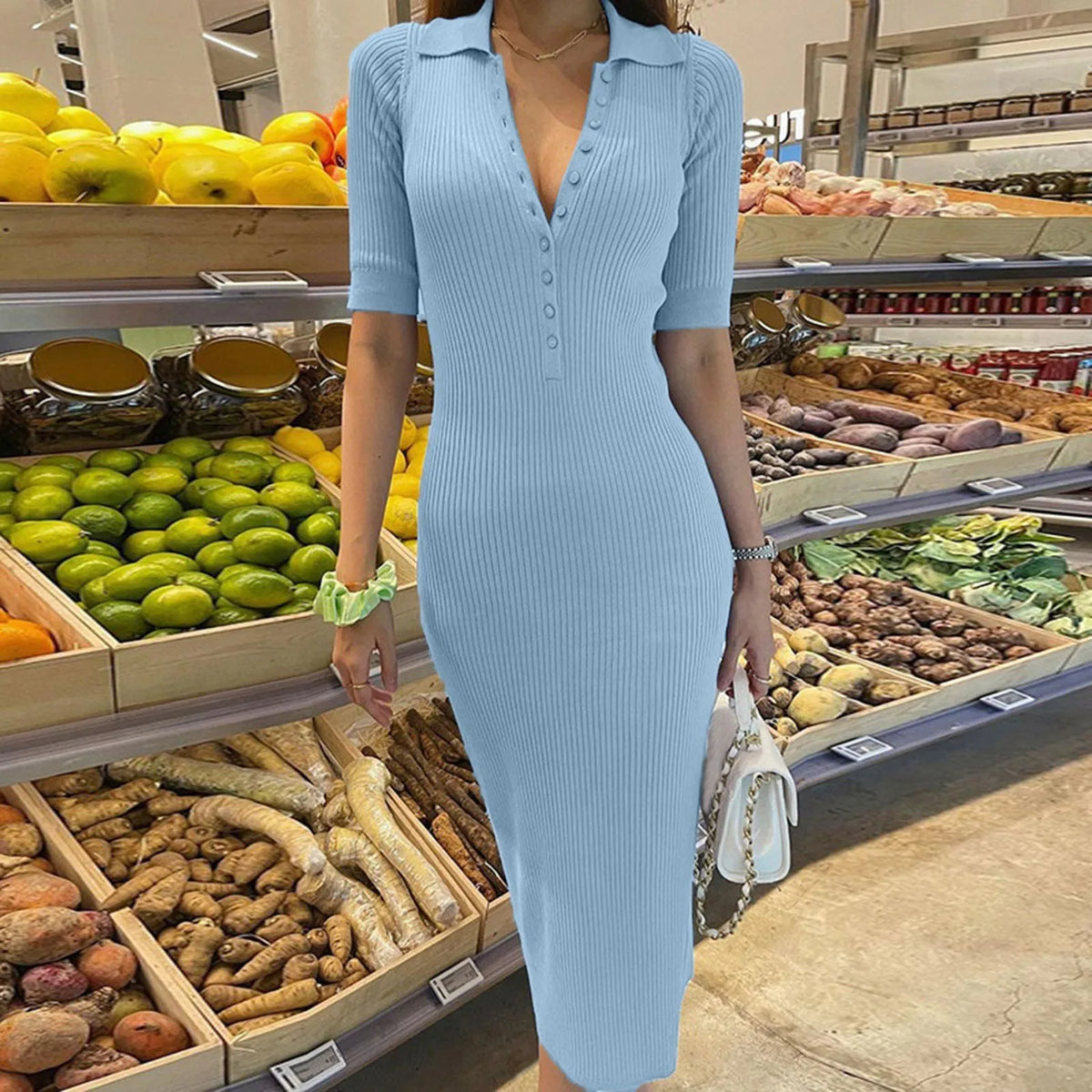 Cyflymder  Ribbed Knitted Maxi Dress For Women Half Sleeve V Neck Button Down Shirt Dress Solid Color Bodycon Elegant Long Dresses платье