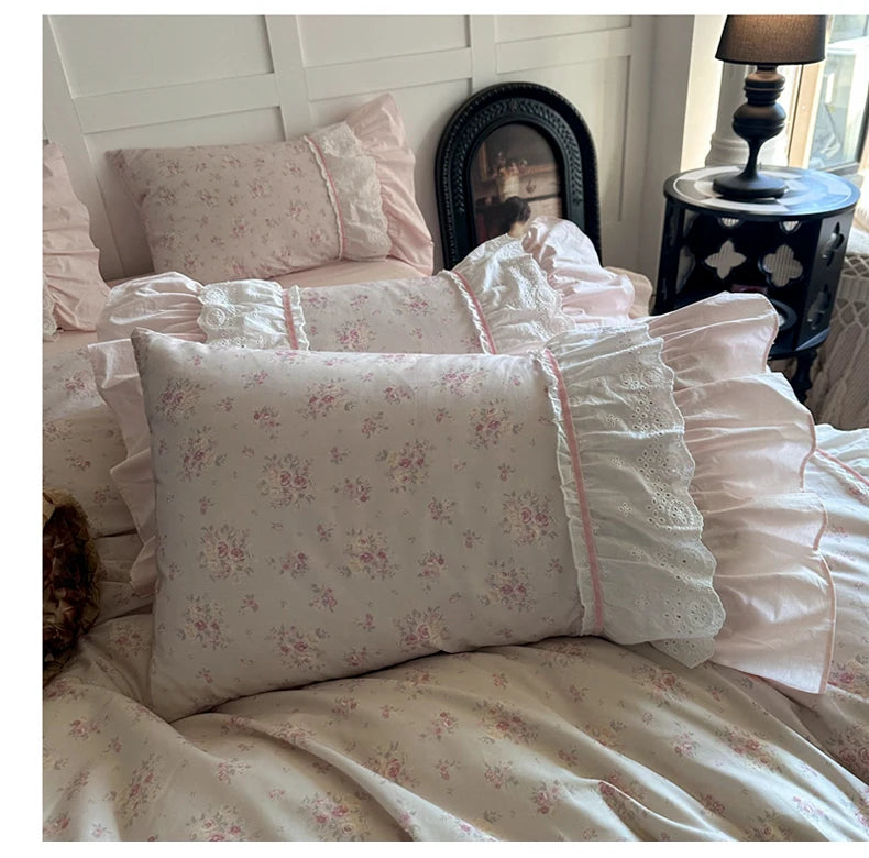 Cyflymder  Pink Floral Double Layer Lace Ruffles 100% Cotton Bedding Set Duvet Cover Set Bed Sheet/Bed Skirt/Fitted Sheet Pillowcases 4Pcs