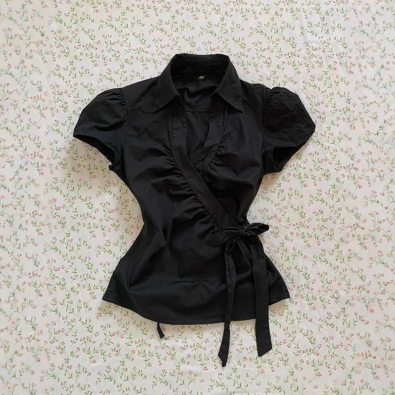 Cyflymder  New High Street Temperament Turn Down Collar T Shirts American Vintage Lrregular Lace Up Punk Women Clothes Y2k Thin Blouse