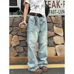 Cyflymder  Women Vintage Light Blue Denim Jeans Retro Wash High Waist Wide Leg Trousers Summer Cool Girl Casual Pants Neutral Tone