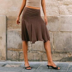 Cyflymder  Women’s Summer Casual Midi Skirt High-Waist Flared A-Line Soft Stretch Fabric Skirt Elegant Everyday Wear Street Style For Lady