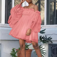 Cyflymder  Sexy Ruffles Womens Dress Women Wrap Solid Color Mesh Strapless Princess Beach Dresses Sheer Fashion High Waist Mesh Party