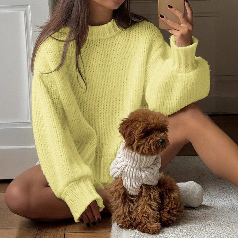 Cyflymder  Women Casual Oversized Knit Sweaters Fall Winter Long Sleeve Round Neck Solid Color Pullovers Loose Fit Jumper Knitwear Tops