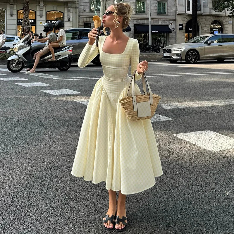 Cyflymder  Plaid Long Sleeve Pleated Maxi Dress For Women Autumn Fashion Square Collar High Waist A-line Club Party Long Dress New
