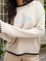 Cyflymder  Women s Cable Knit Sweaters Long Sleeve V-Neck Star Embroidery Pullovers Oversized Fit Tops with Ribbed Trim