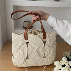Cyflymder  Fashion Ring Woven Hollow Bucket Bag Women Creative Unique Large Capacity Tote Bag Ladies Daily Casual Vacation Shoulder Bag New