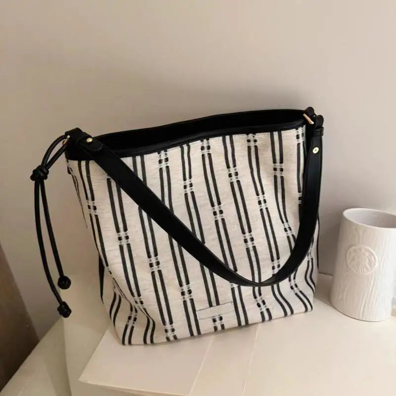 Cyflymder   Black Stripe Tote Bag Women Large Capacity Versatile For Shopping Shoulder Bag Ladies Casual Lightweight Commuting Handbag